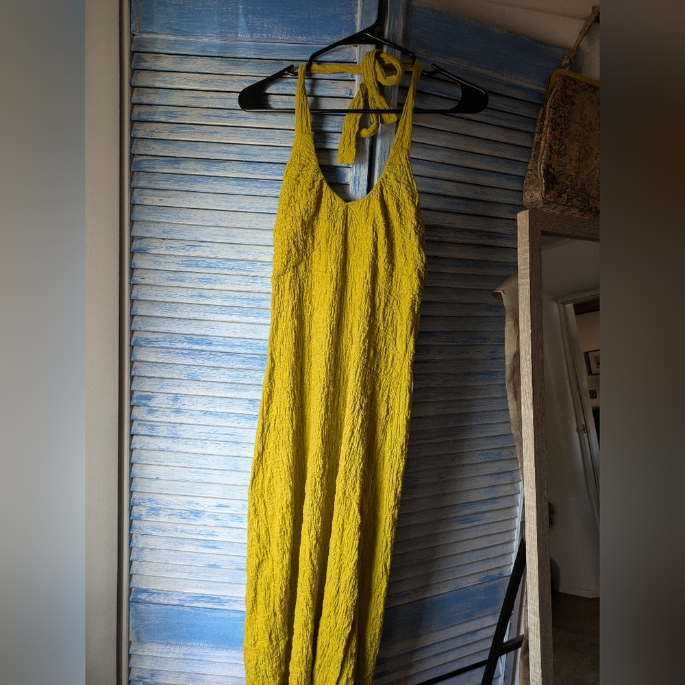 Lisa Says Gah Chartreuse Crinkled Halter Dress